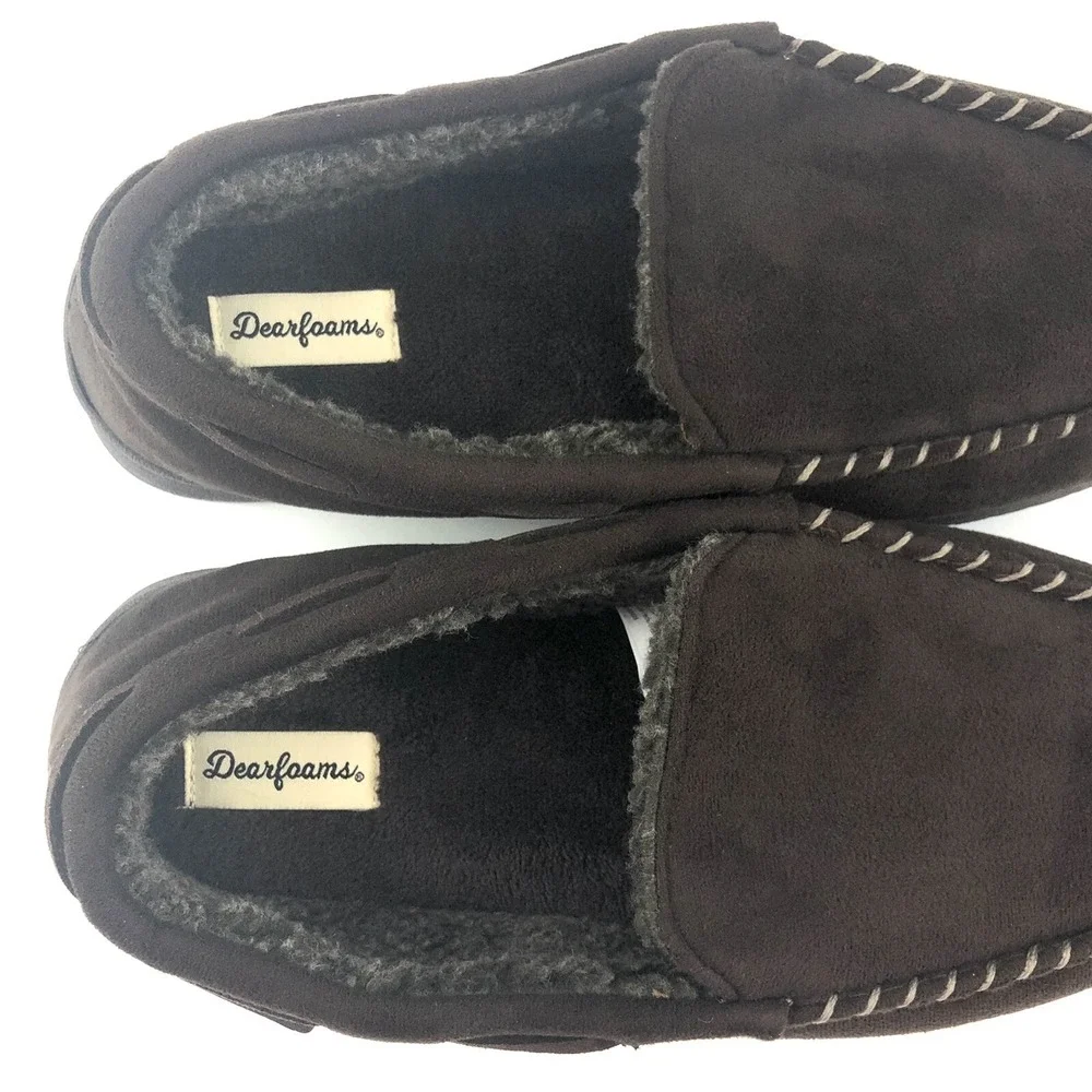 Dearfoams Slippers Men's Size 9-10 W Medium Wide Brown Memory Foam Moccasins EUC